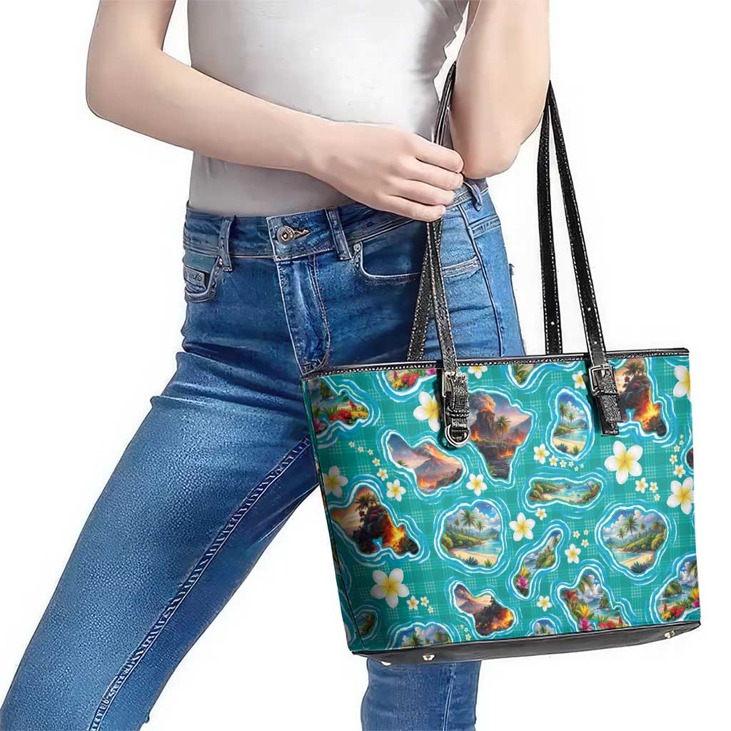 Hawaii Map with Plumeria Flower and Palaka Pattern Leather Tote Bag Tropical Island Teal Design LT03 - Polynesian Pride
