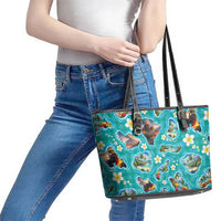 Hawaii Map with Plumeria Flower and Palaka Pattern Leather Tote Bag Tropical Island Teal Design LT03 - Polynesian Pride