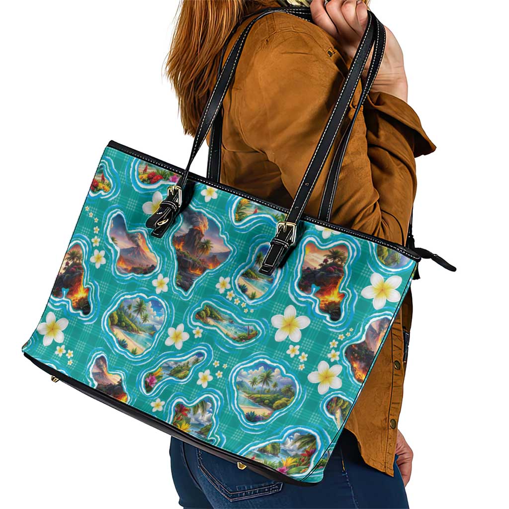 Hawaii Map with Plumeria Flower and Palaka Pattern Leather Tote Bag Tropical Island Teal Design LT03 - Polynesian Pride
