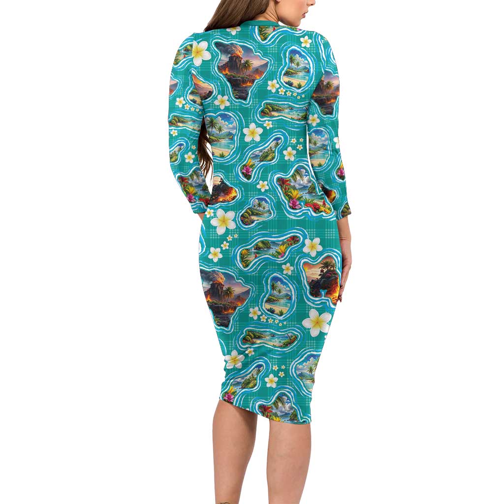 Hawaii Map with Plumeria Flower and Palaka Pattern Long Sleeve Bodycon Dress Tropical Island Teal Design LT03 - Polynesian Pride