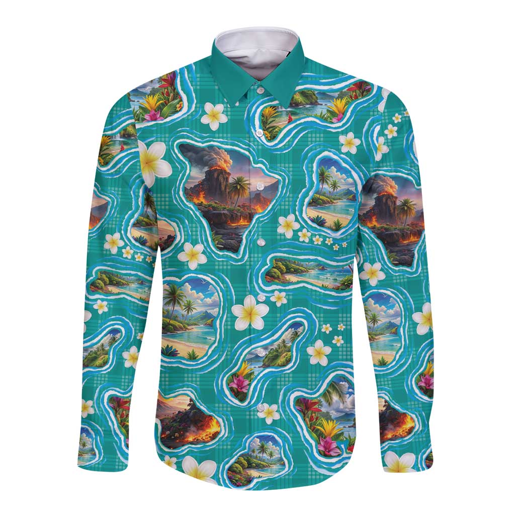 Hawaii Map with Plumeria Flower and Palaka Pattern Long Sleeve Button Shirt Tropical Island Teal Design LT03 Unisex Teal - Polynesian Pride