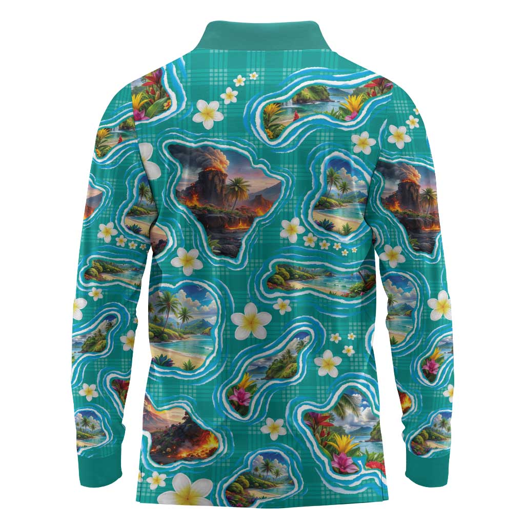 Hawaii Map with Plumeria Flower and Palaka Pattern Long Sleeve Polo Shirt Tropical Island Teal Design LT03 - Polynesian Pride