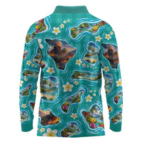 Hawaii Map with Plumeria Flower and Palaka Pattern Long Sleeve Polo Shirt Tropical Island Teal Design LT03 - Polynesian Pride