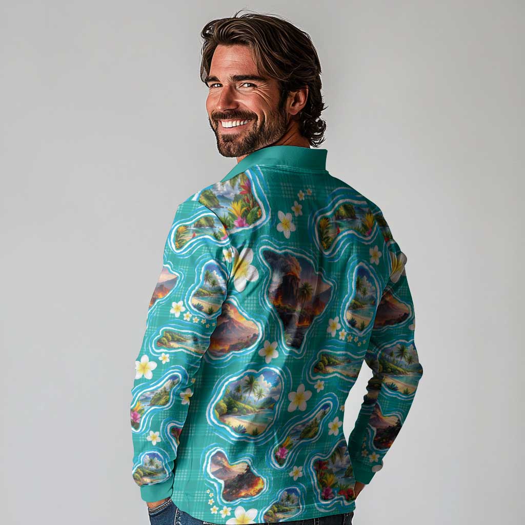 Hawaii Map with Plumeria Flower and Palaka Pattern Long Sleeve Polo Shirt Tropical Island Teal Design LT03 - Polynesian Pride