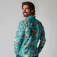 Hawaii Map with Plumeria Flower and Palaka Pattern Long Sleeve Polo Shirt Tropical Island Teal Design LT03 - Polynesian Pride
