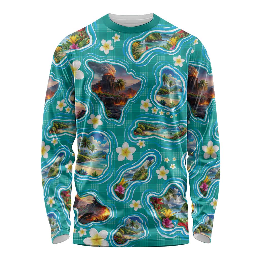 Hawaii Map with Plumeria Flower and Palaka Pattern Long Sleeve Shirt Tropical Island Teal Design LT03 Unisex Teal - Polynesian Pride