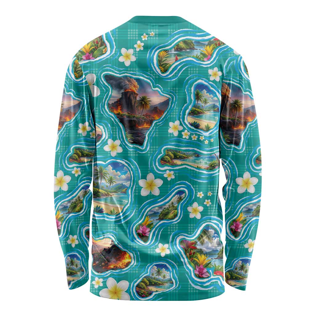 Hawaii Map with Plumeria Flower and Palaka Pattern Long Sleeve Shirt Tropical Island Teal Design LT03 - Polynesian Pride