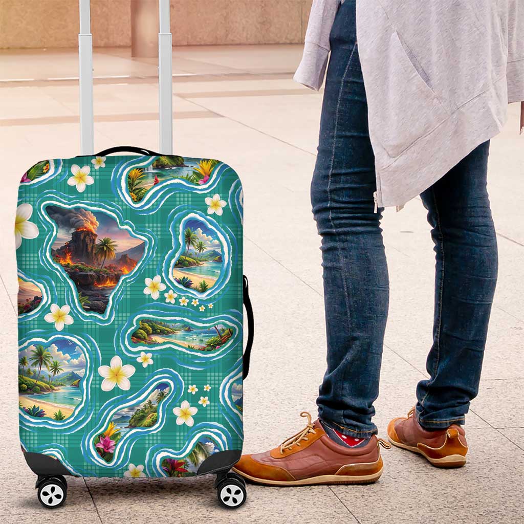 Hawaii Map with Plumeria Flower and Palaka Pattern Luggage Cover Tropical Island Teal Design LT03 Teal - Polynesian Pride