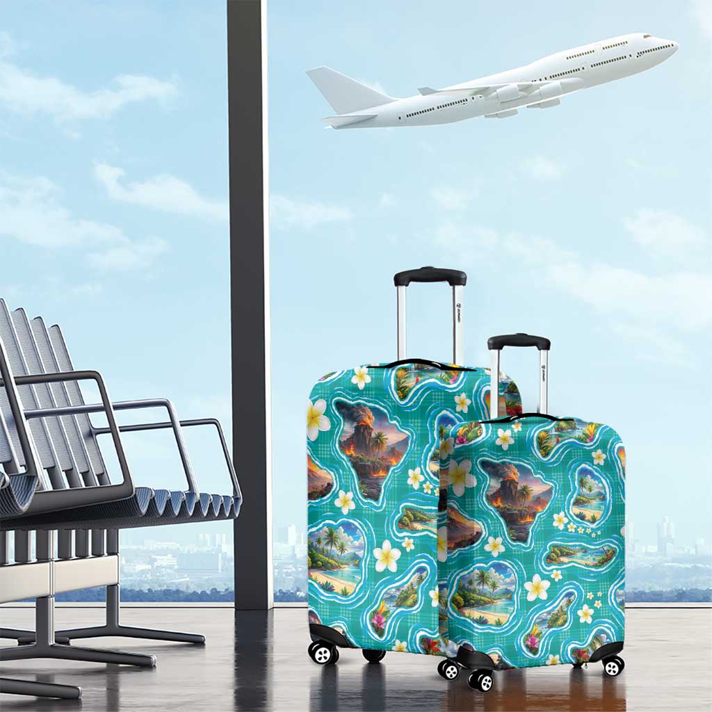 Hawaii Map with Plumeria Flower and Palaka Pattern Luggage Cover Tropical Island Teal Design LT03 - Polynesian Pride