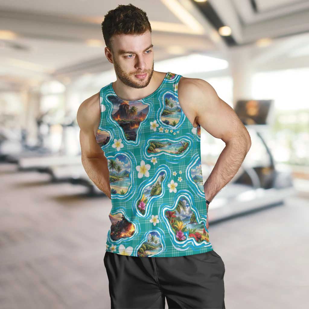Hawaii Map with Plumeria Flower and Palaka Pattern Men Tank Top Tropical Island Teal Design LT03 Teal - Polynesian Pride