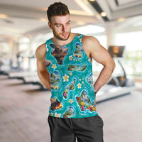 Hawaii Map with Plumeria Flower and Palaka Pattern Men Tank Top Tropical Island Teal Design LT03 Teal - Polynesian Pride