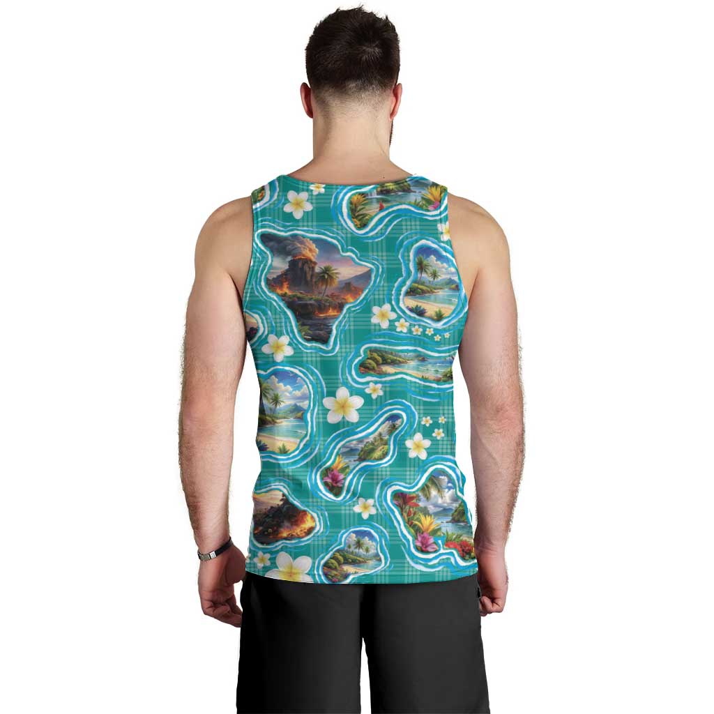 Hawaii Map with Plumeria Flower and Palaka Pattern Men Tank Top Tropical Island Teal Design LT03 - Polynesian Pride
