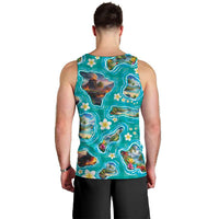 Hawaii Map with Plumeria Flower and Palaka Pattern Men Tank Top Tropical Island Teal Design LT03 - Polynesian Pride