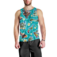 Hawaii Map with Plumeria Flower and Palaka Pattern Men Tank Top Tropical Island Teal Design LT03 - Polynesian Pride