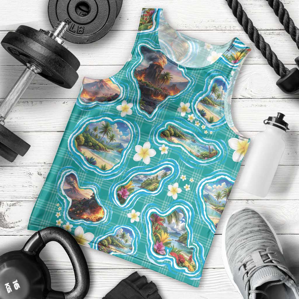 Hawaii Map with Plumeria Flower and Palaka Pattern Men Tank Top Tropical Island Teal Design LT03 - Polynesian Pride