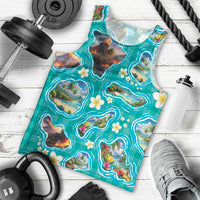 Hawaii Map with Plumeria Flower and Palaka Pattern Men Tank Top Tropical Island Teal Design LT03 - Polynesian Pride