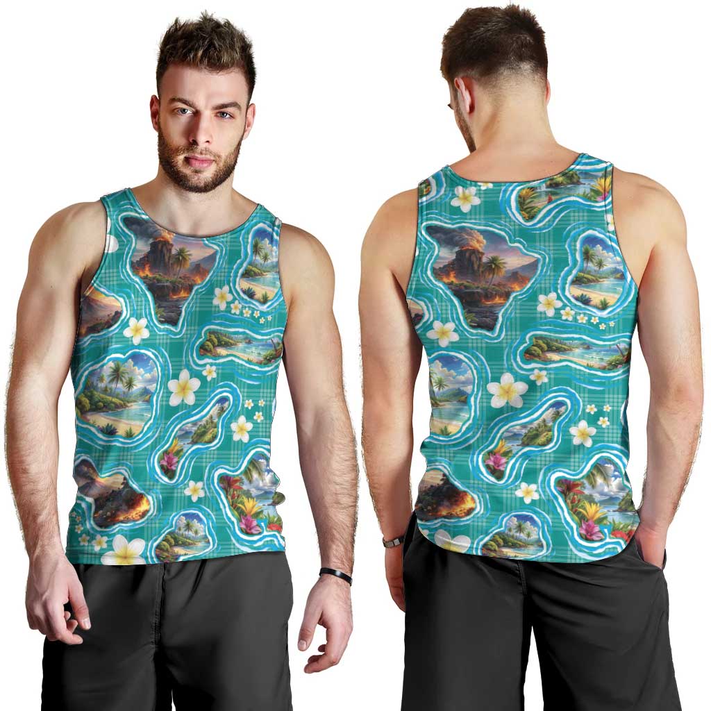Hawaii Map with Plumeria Flower and Palaka Pattern Men Tank Top Tropical Island Teal Design LT03 - Polynesian Pride