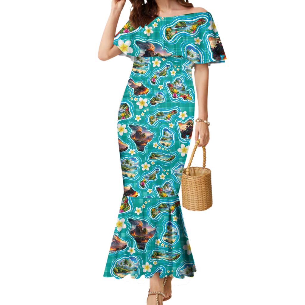 Hawaii Map with Plumeria Flower and Palaka Pattern Mermaid Dress Tropical Island Teal Design LT03 Women Teal - Polynesian Pride