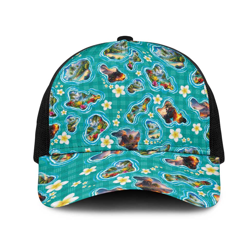 Hawaii Map with Plumeria Flower and Palaka Pattern Mesh Trucker Cap Tropical Island Teal Design LT03 One Size Black Teal - Polynesian Pride