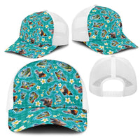 Hawaii Map with Plumeria Flower and Palaka Pattern Mesh Trucker Cap Tropical Island Teal Design LT03 - Polynesian Pride