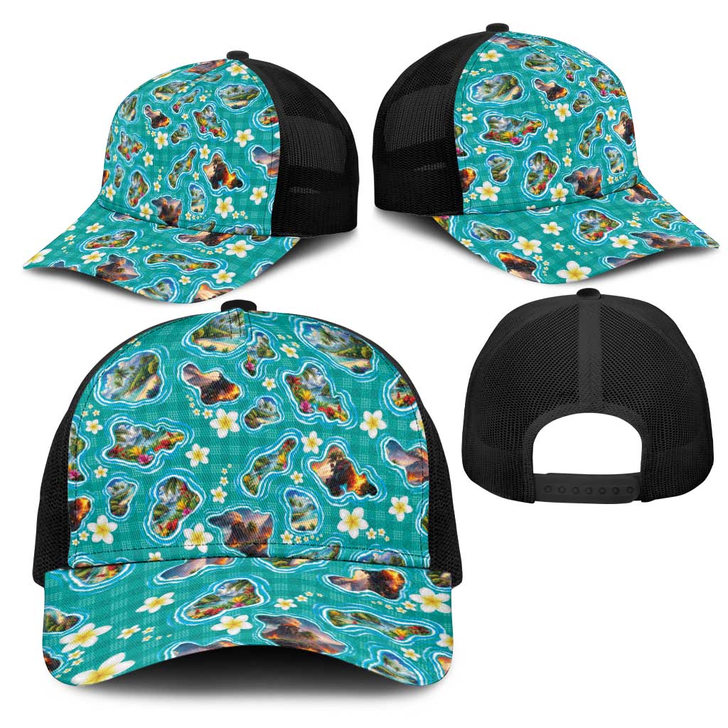 Hawaii Map with Plumeria Flower and Palaka Pattern Mesh Trucker Cap Tropical Island Teal Design LT03 - Polynesian Pride