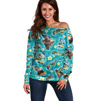 Hawaii Map with Plumeria Flower and Palaka Pattern Off Shoulder Sweater Tropical Island Teal Design LT03 Women Teal - Polynesian Pride