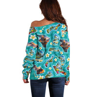 Hawaii Map with Plumeria Flower and Palaka Pattern Off Shoulder Sweater Tropical Island Teal Design LT03 - Polynesian Pride