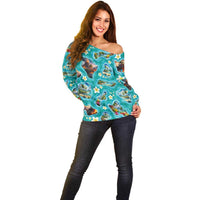 Hawaii Map with Plumeria Flower and Palaka Pattern Off Shoulder Sweater Tropical Island Teal Design LT03 - Polynesian Pride