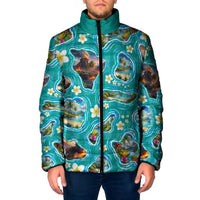 Hawaii Map with Plumeria Flower and Palaka Pattern Padded Jacket Tropical Island Teal Design LT03 Men Teal - Polynesian Pride