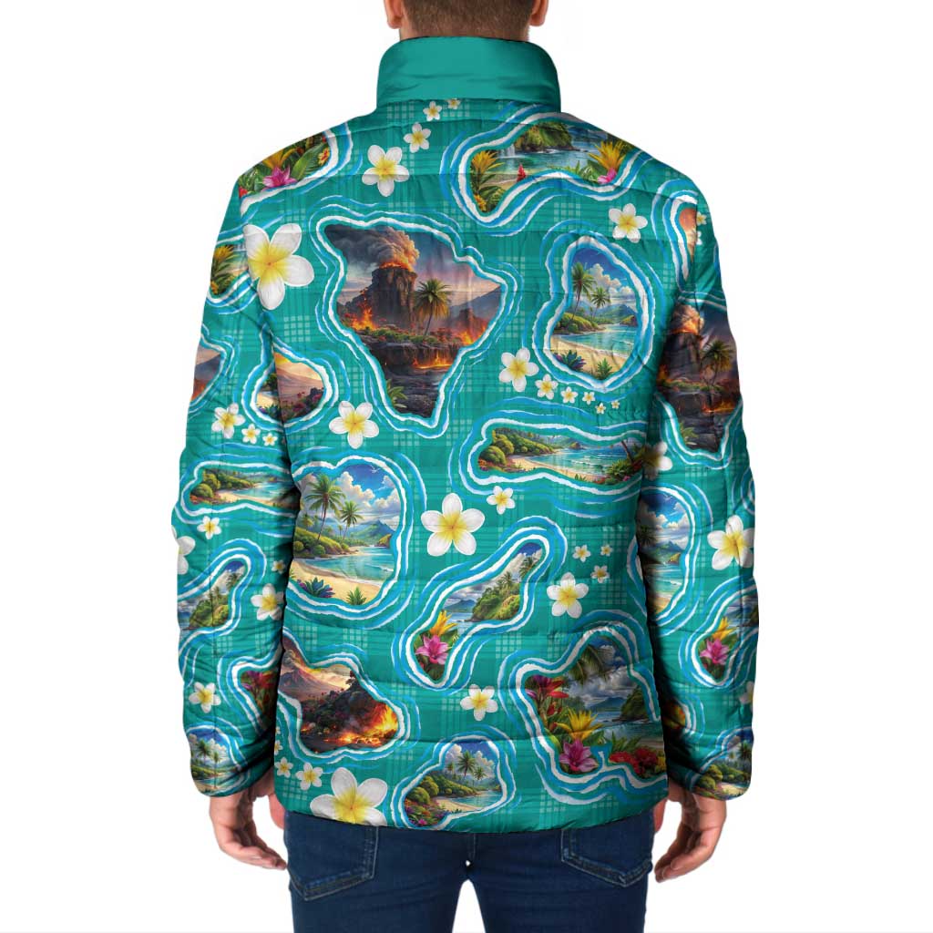 Hawaii Map with Plumeria Flower and Palaka Pattern Padded Jacket Tropical Island Teal Design LT03 - Polynesian Pride