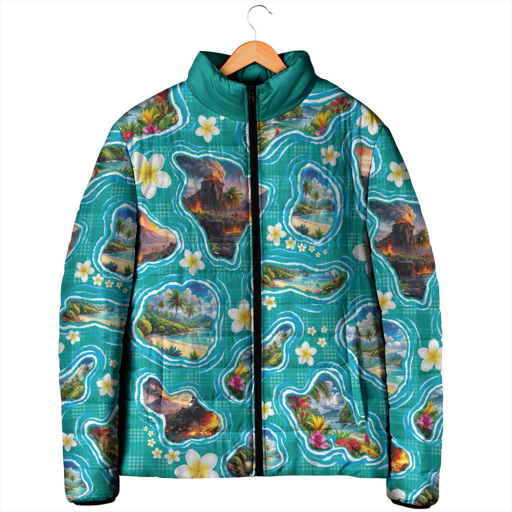 Hawaii Map with Plumeria Flower and Palaka Pattern Padded Jacket Tropical Island Teal Design LT03 - Polynesian Pride