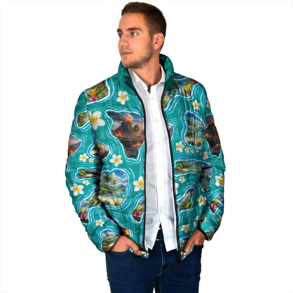 Hawaii Map with Plumeria Flower and Palaka Pattern Padded Jacket Tropical Island Teal Design LT03 - Polynesian Pride