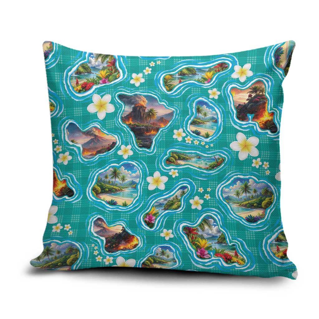 Hawaii Map with Plumeria Flower and Palaka Pattern Pillow Cover Tropical Island Teal Design LT03 Teal - Polynesian Pride