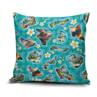 Hawaii Map with Plumeria Flower and Palaka Pattern Pillow Cover Tropical Island Teal Design LT03 Teal - Polynesian Pride