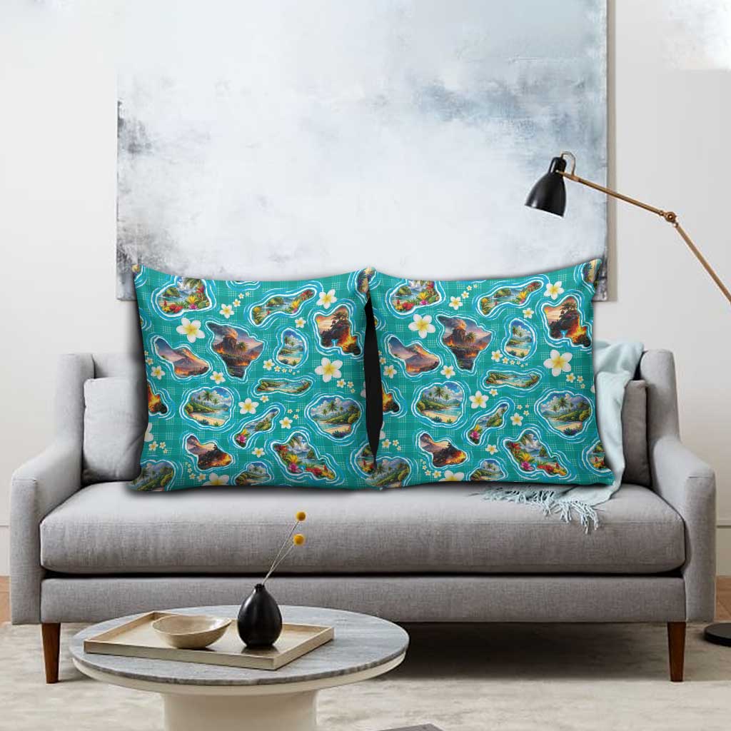 Hawaii Map with Plumeria Flower and Palaka Pattern Pillow Cover Tropical Island Teal Design LT03 - Polynesian Pride