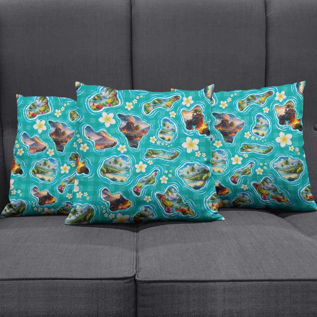 Hawaii Map with Plumeria Flower and Palaka Pattern Pillow Cover Tropical Island Teal Design LT03 - Polynesian Pride