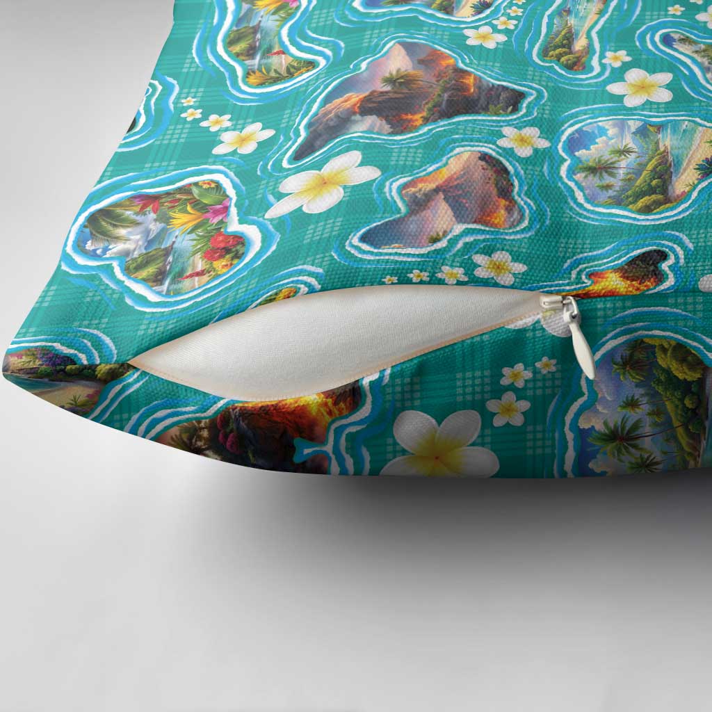 Hawaii Map with Plumeria Flower and Palaka Pattern Pillow Cover Tropical Island Teal Design LT03 - Polynesian Pride