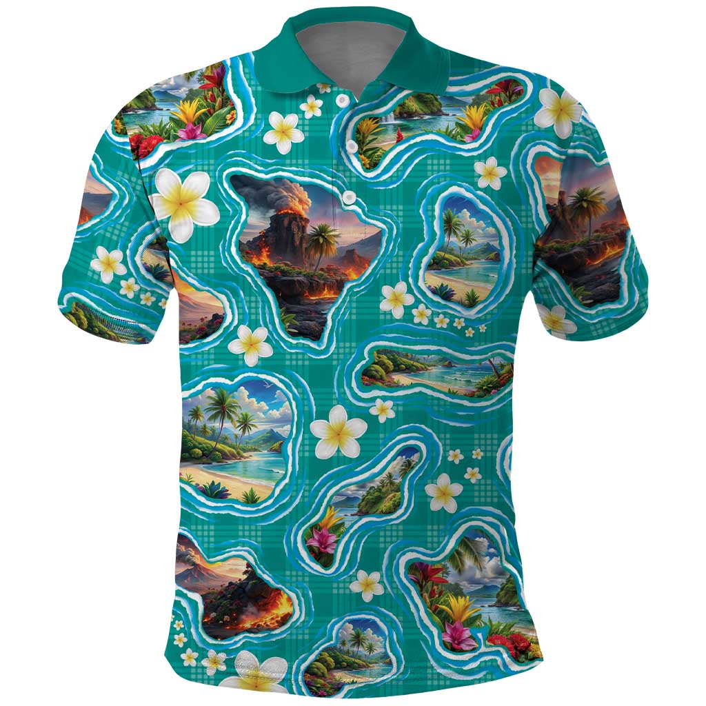 Hawaii Map with Plumeria Flower and Palaka Pattern Polo Shirt Tropical Island Teal Design LT03 Teal - Polynesian Pride