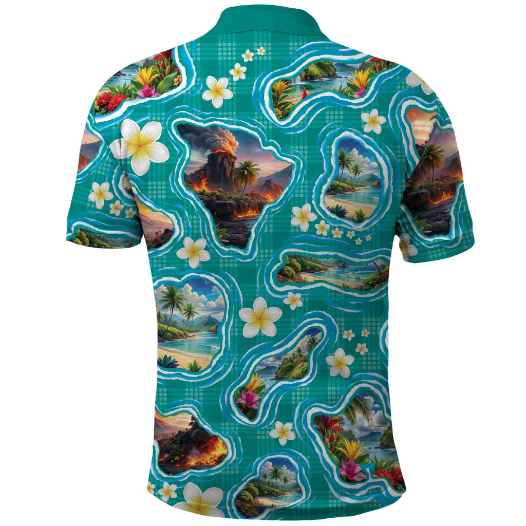 Hawaii Map with Plumeria Flower and Palaka Pattern Polo Shirt Tropical Island Teal Design LT03 - Polynesian Pride
