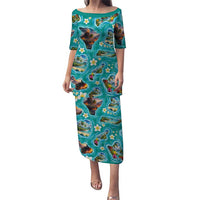 Hawaii Map with Plumeria Flower and Palaka Pattern Puletasi Tropical Island Teal Design LT03 Long Dress Teal - Polynesian Pride