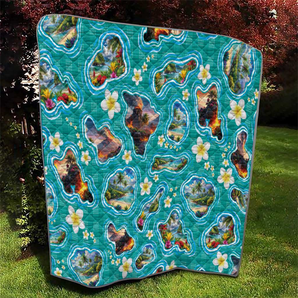 Hawaii Map with Plumeria Flower and Palaka Pattern Quilt Tropical Island Teal Design LT03 - Polynesian Pride