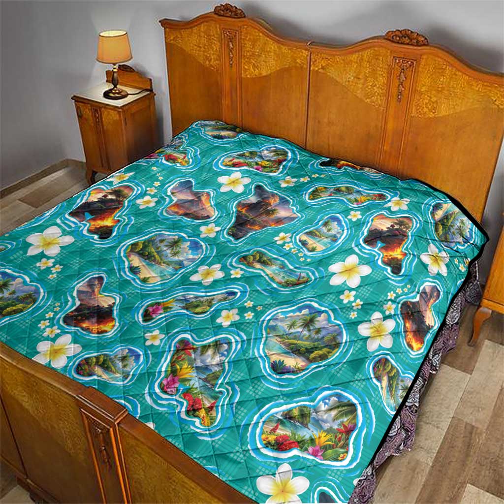 Hawaii Map with Plumeria Flower and Palaka Pattern Quilt Tropical Island Teal Design LT03 - Polynesian Pride