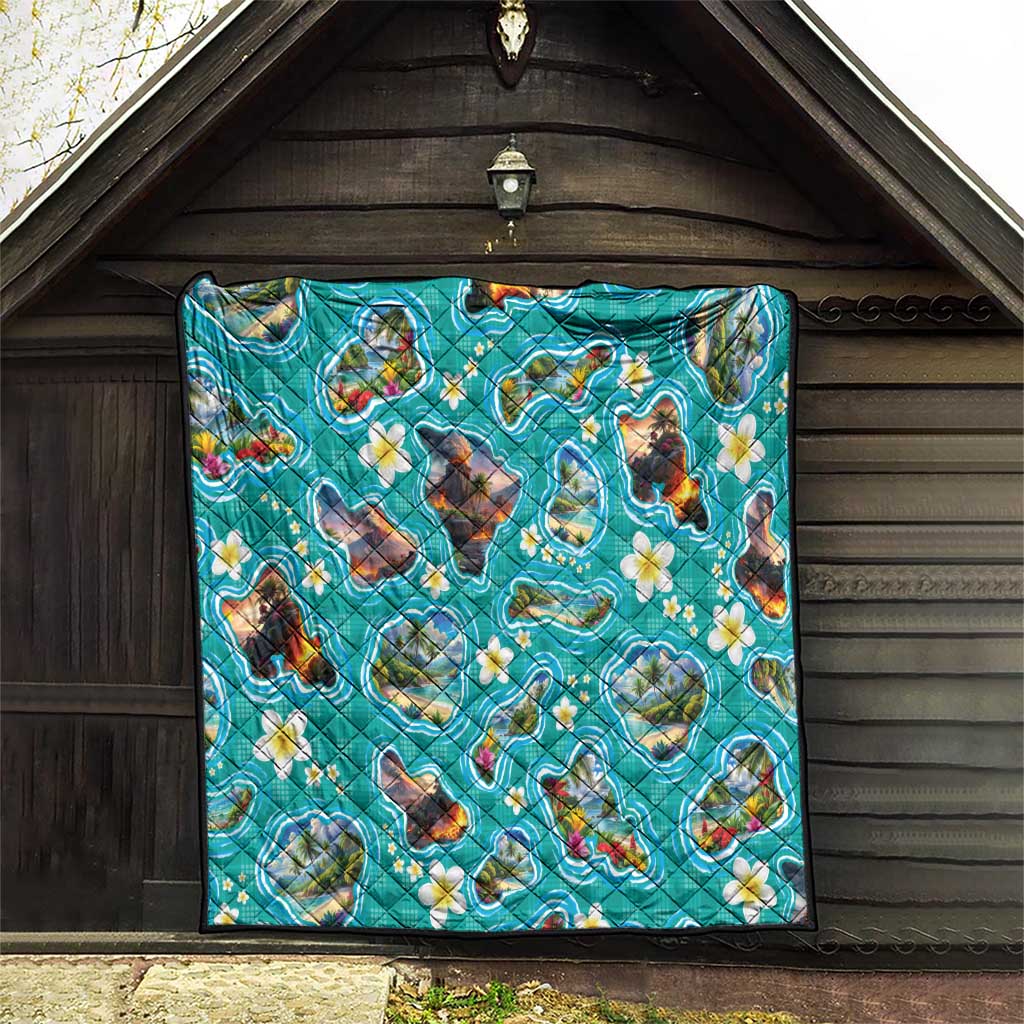 Hawaii Map with Plumeria Flower and Palaka Pattern Quilt Tropical Island Teal Design LT03 - Polynesian Pride
