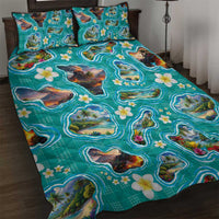 Hawaii Map with Plumeria Flower and Palaka Pattern Quilt Bed Set Tropical Island Teal Design LT03 Teal - Polynesian Pride