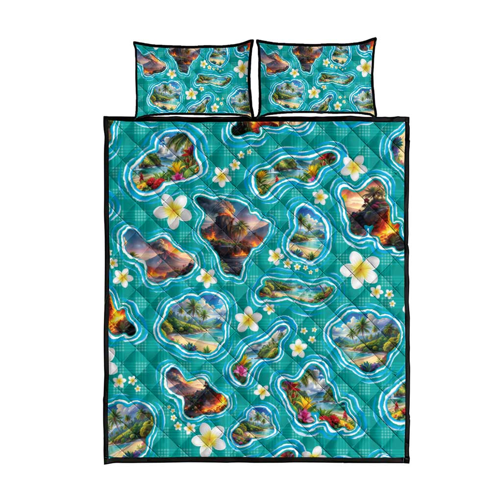 Hawaii Map with Plumeria Flower and Palaka Pattern Quilt Bed Set Tropical Island Teal Design LT03 - Polynesian Pride