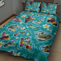 Hawaii Map with Plumeria Flower and Palaka Pattern Quilt Bed Set Tropical Island Teal Design LT03 - Polynesian Pride