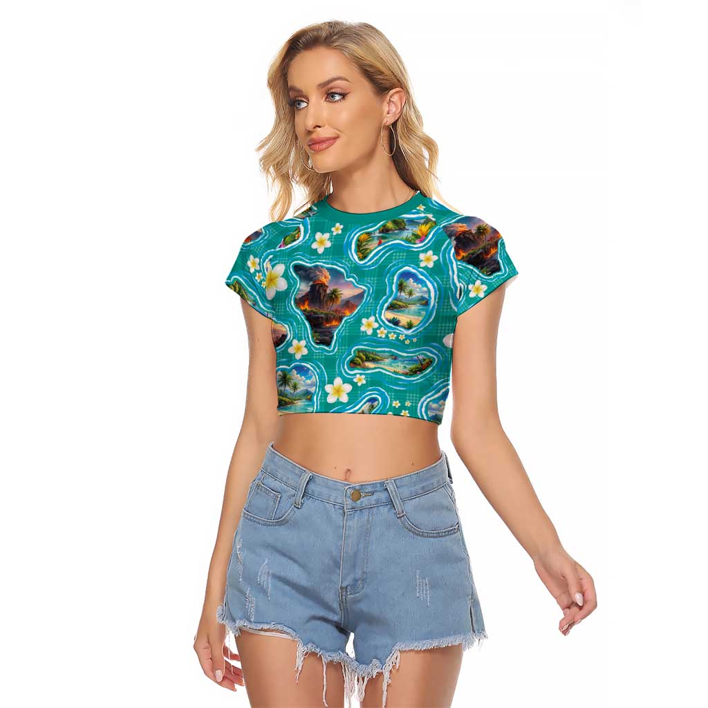 Hawaii Map with Plumeria Flower and Palaka Pattern Raglan Cropped T Shirt Tropical Island Teal Design LT03 Female Teal - Polynesian Pride