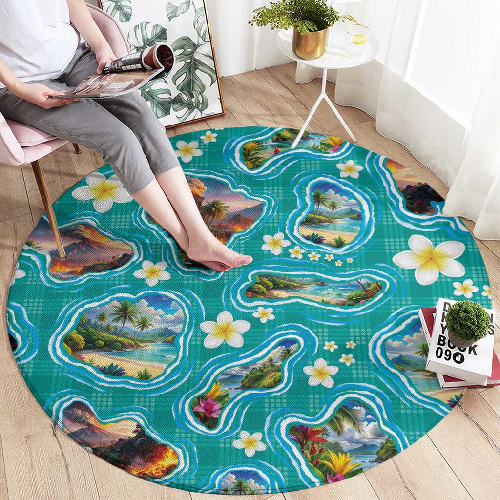 Hawaii Map with Plumeria Flower and Palaka Pattern Round Carpet Tropical Island Teal Design LT03 - Polynesian Pride