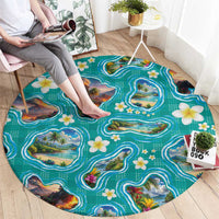 Hawaii Map with Plumeria Flower and Palaka Pattern Round Carpet Tropical Island Teal Design LT03 - Polynesian Pride