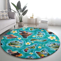 Hawaii Map with Plumeria Flower and Palaka Pattern Round Carpet Tropical Island Teal Design LT03 - Polynesian Pride